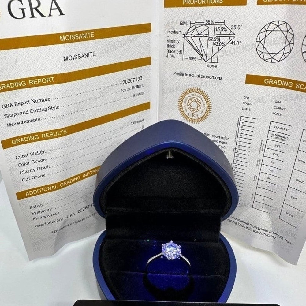 GRA Moissanite Diamond Engagement Ring 6 Prong Wedding S925 2 Ct Size 9 - Picture 8 of 12
